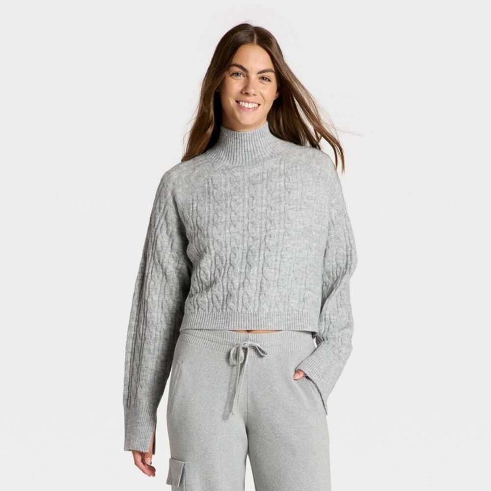 JoyLab - Women's Mock Neck Cable Knit Sweater - JoyLab Heat Gray